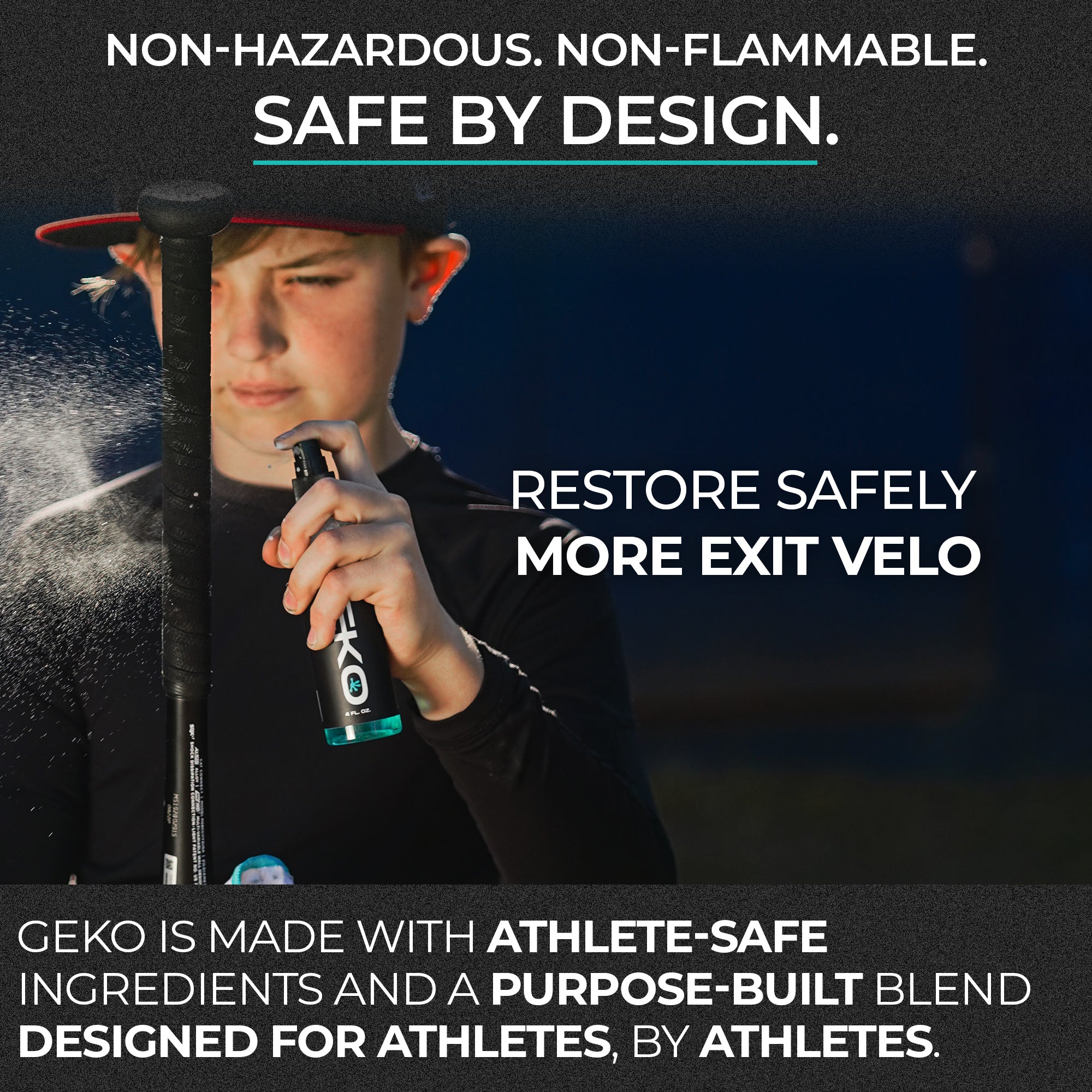 Person holding geko with text about athlete-safe products
