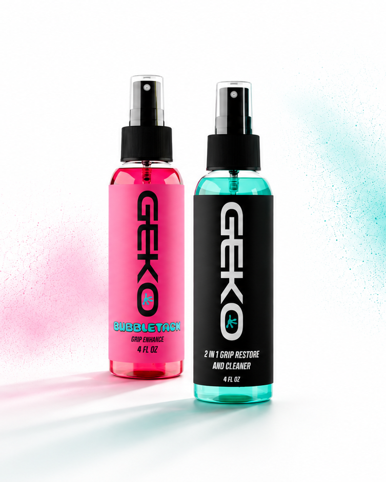 Two GEKO spray bottles, one pink and one teal, on a white background.