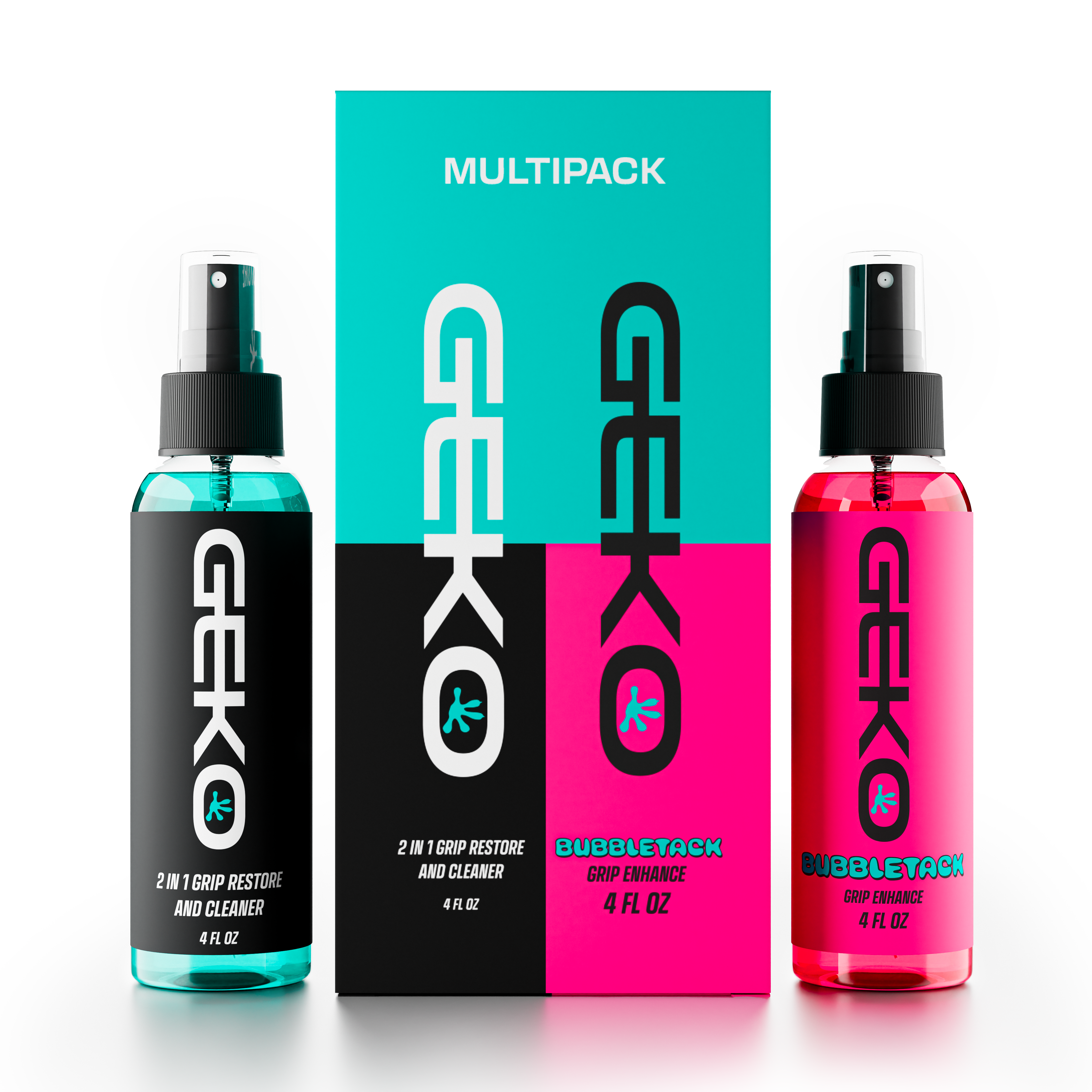 Geko multipack with two spray bottles and a box on a white background