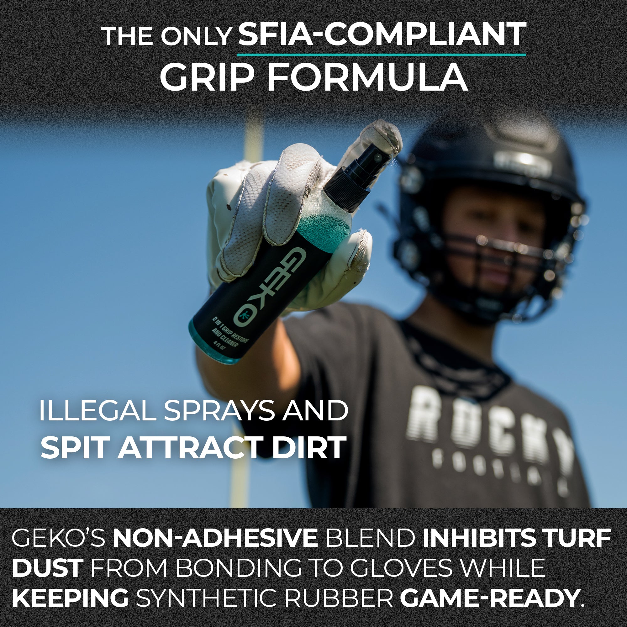 Person holding a bottle of GEKO spray with text about SFIA-compliant grip formula and turf dust inhibition.