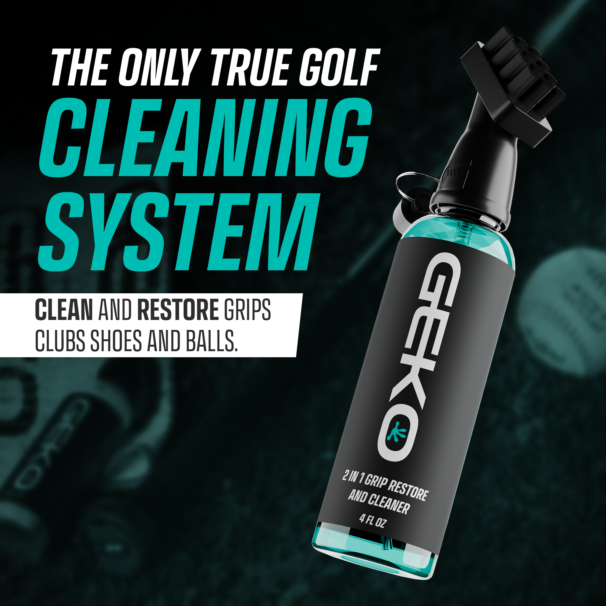 Golf cleaning system bottle with text on a dark background