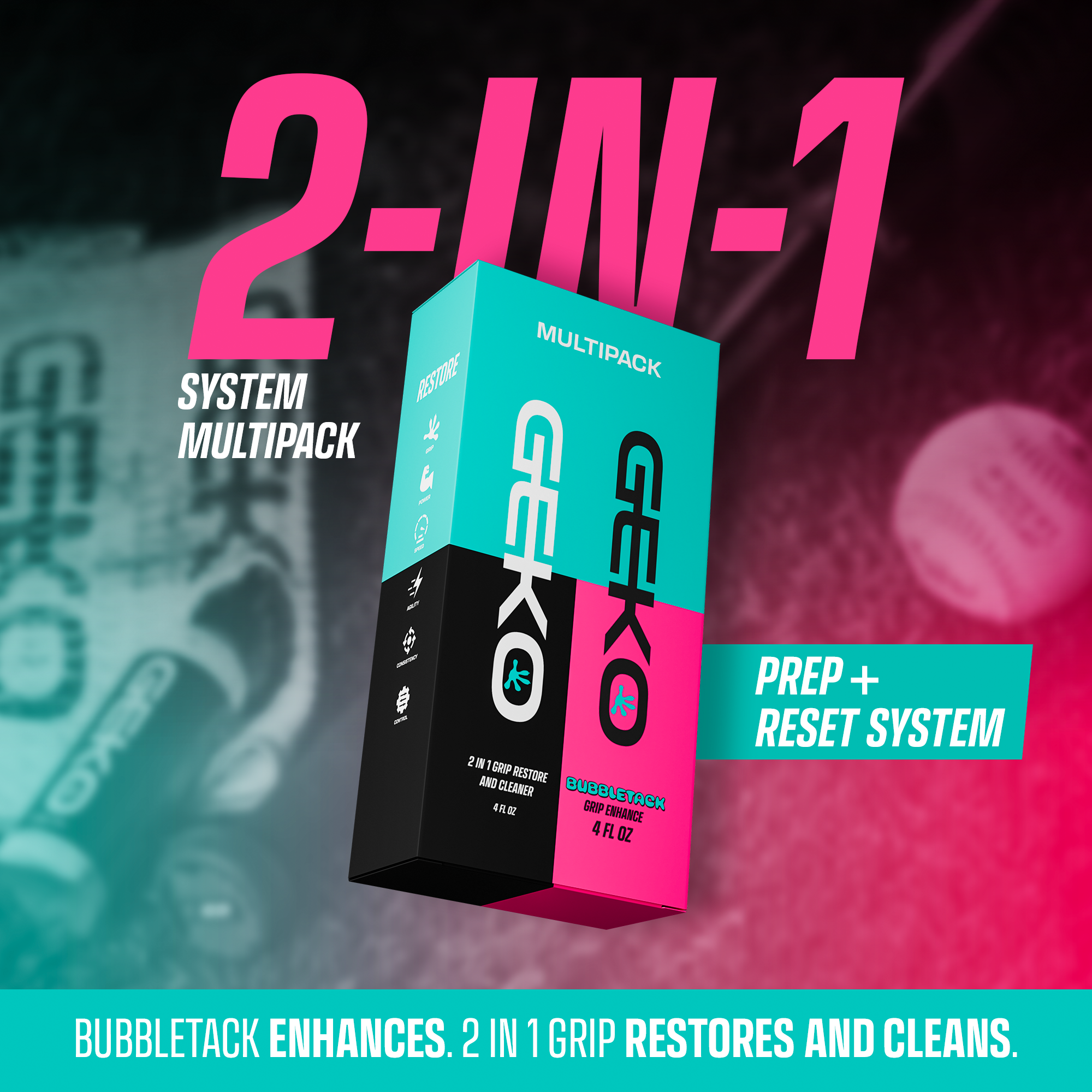 Geko 2-in-1 system multipack packaging with promotional text on a colorful background