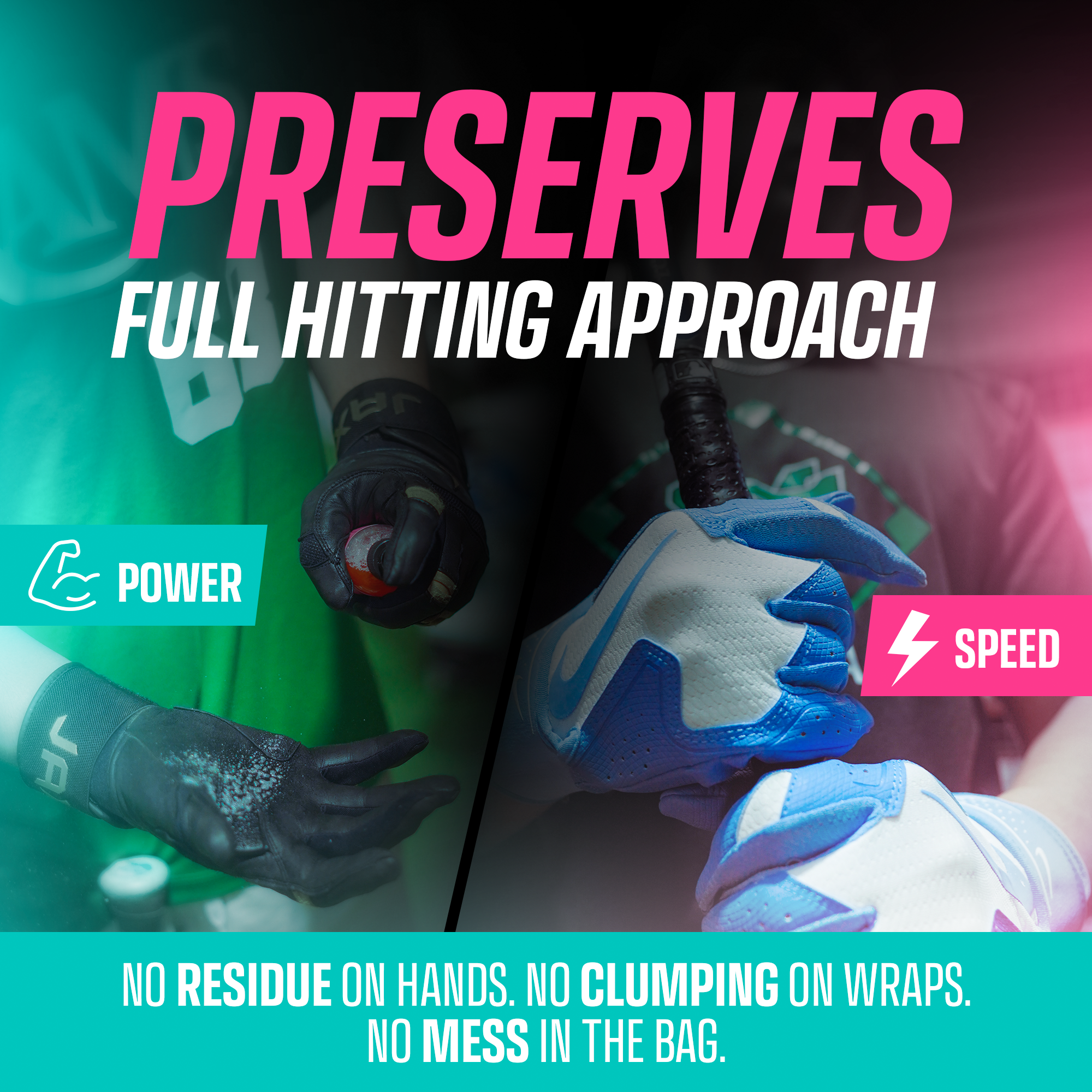 Person holding a baseball bat with text about preserving hitting approach, power, and speed.
