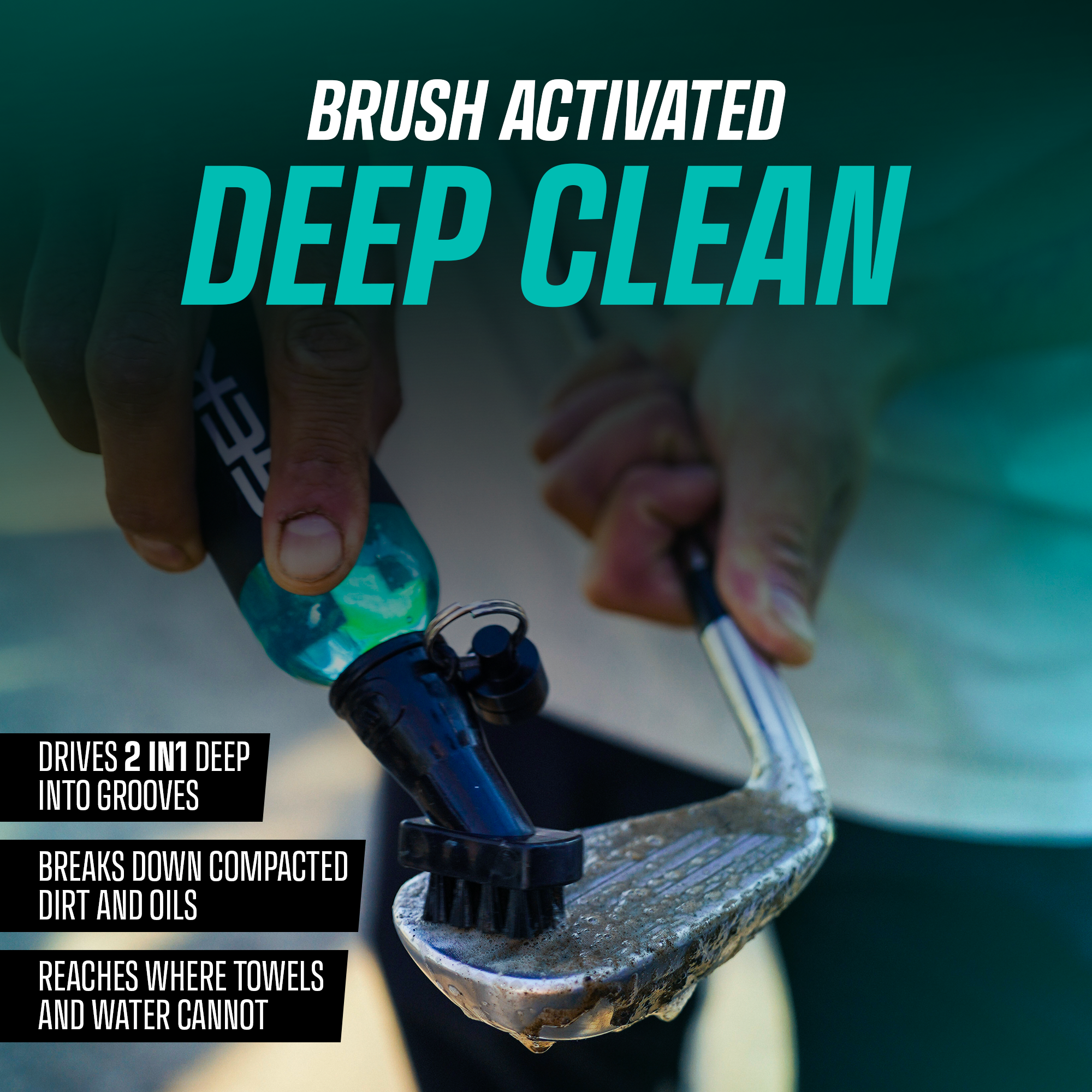Golf club cleaning tool with brush activated deep clean text and features listed.