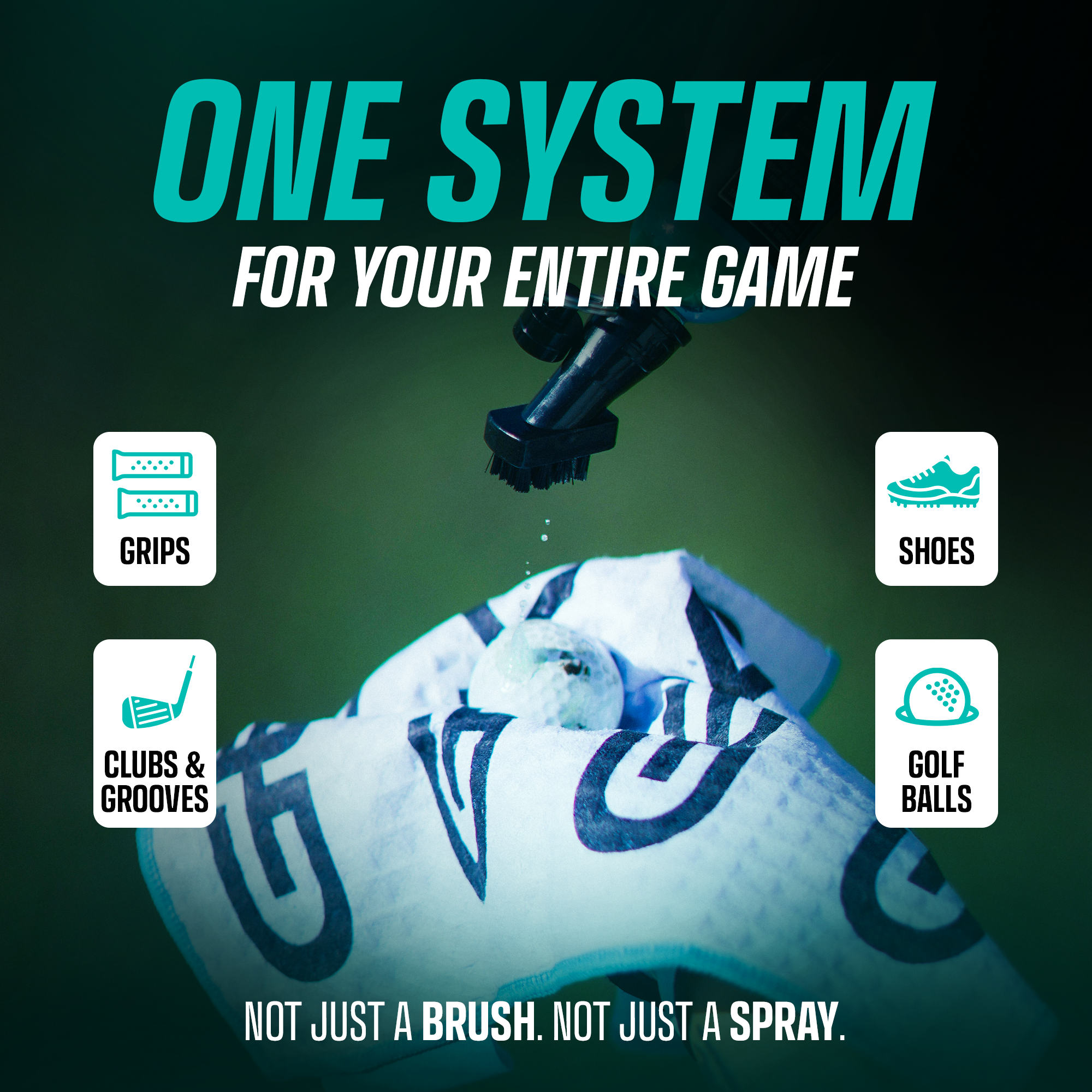 Advertisement for golf product system with text 'One System for Your Entire Game' and icons for grips, clubs, shoes, and balls.
