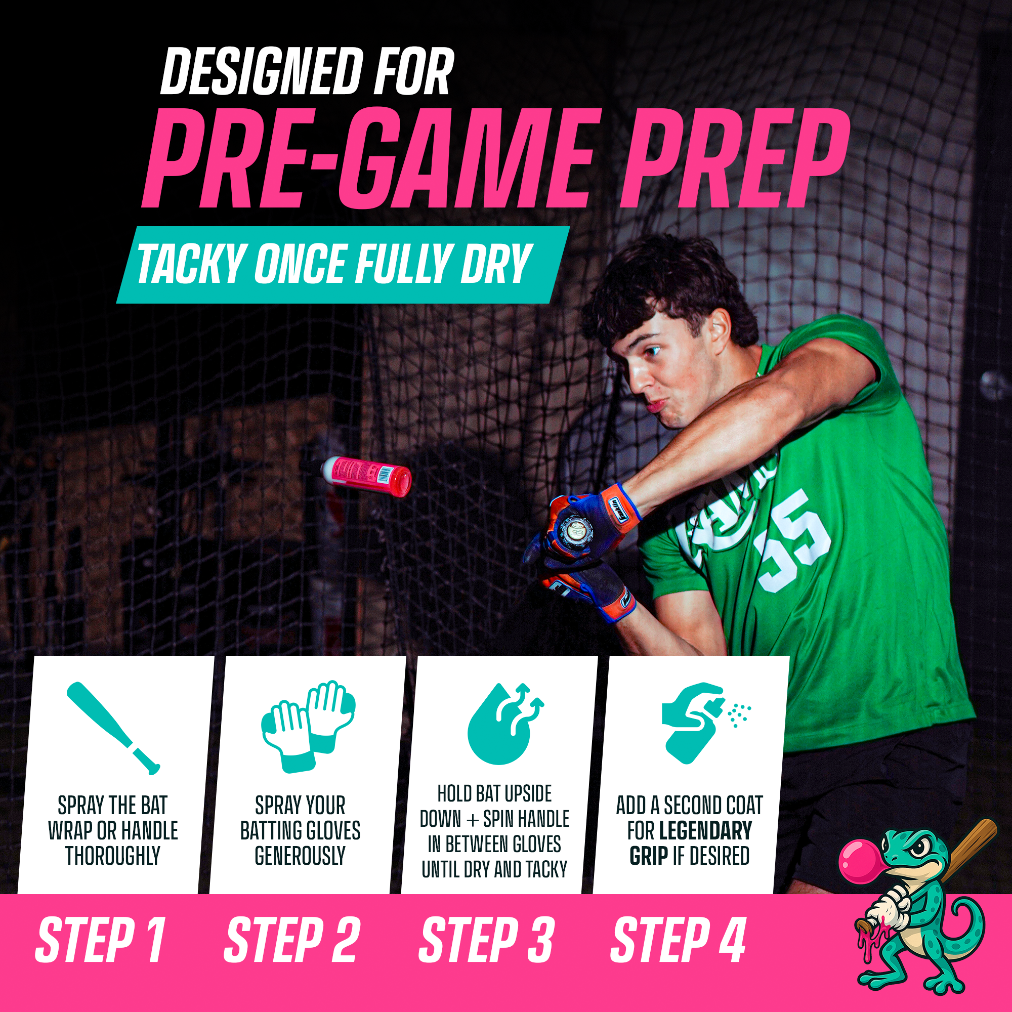Bubbletack instructions with baseball player swinging bat