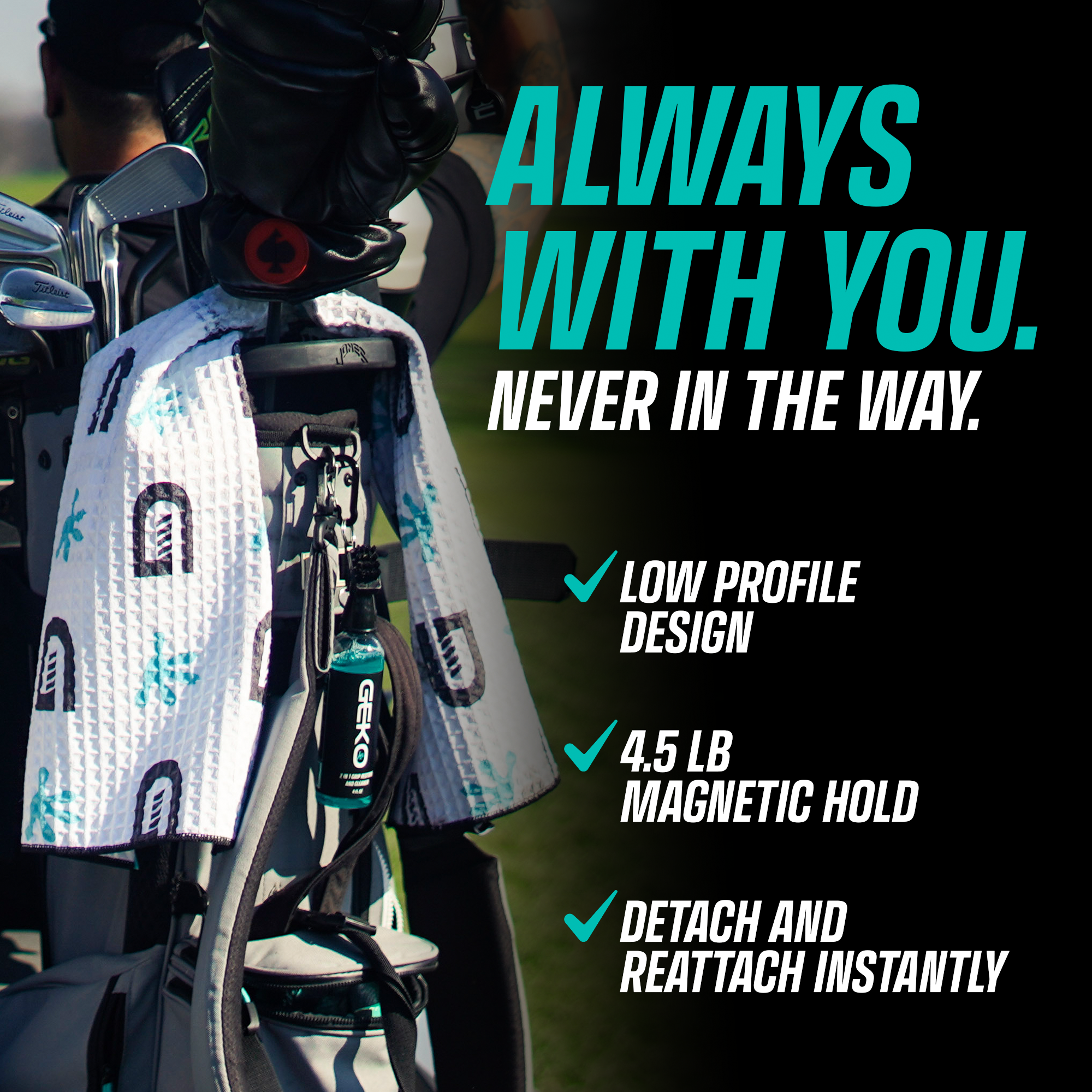 Product with text 'Always with you. Never in the way.' and features listed on a golf club head cover.