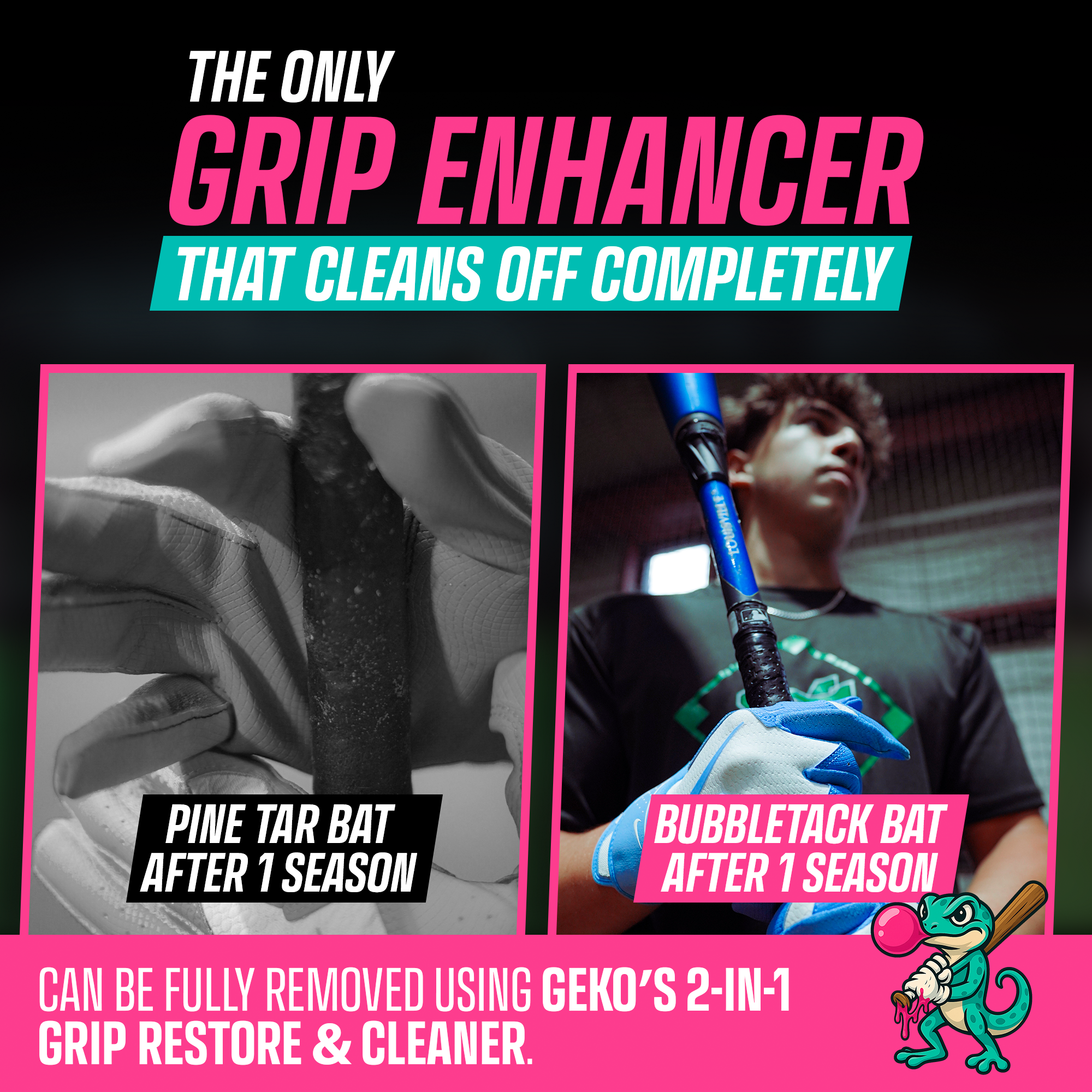 Advertisement for a grip enhancer "bubbletack" with before and after images of pine tar and bubbletack bats, featuring a person using the product.