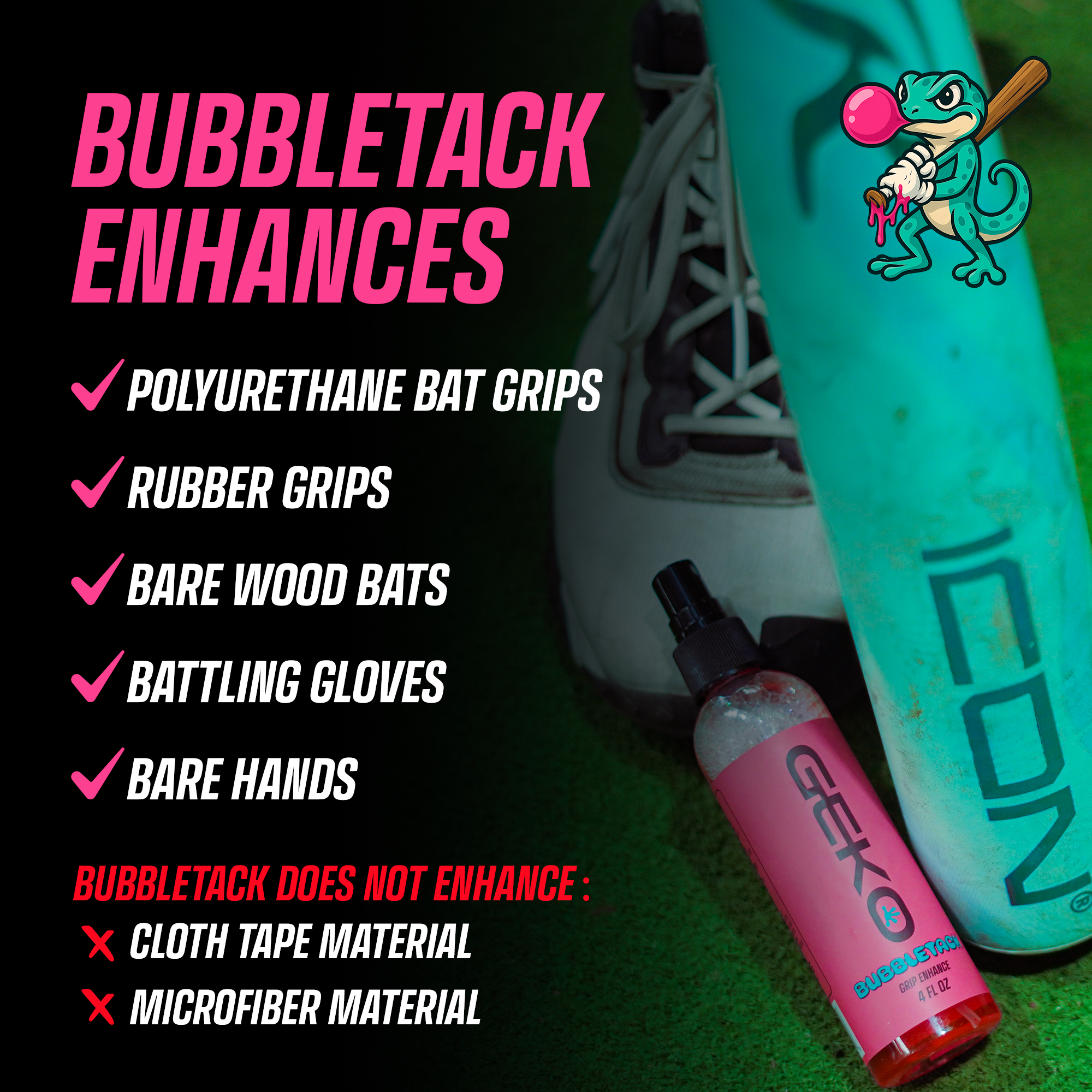 Geko bubbletack with a bat and glove on a green background, featuring text about bubbletacks uses.