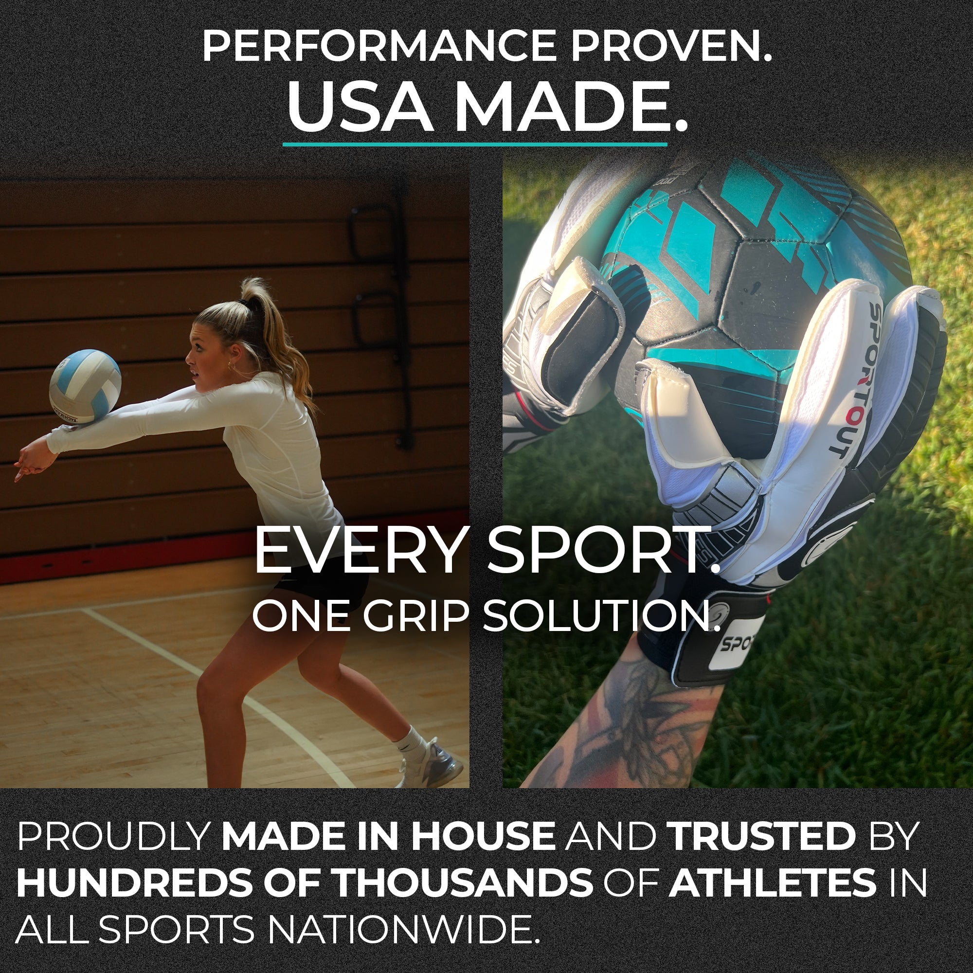 Image of sports equipment with a woman playing volleyball and a soccer ball on grass.