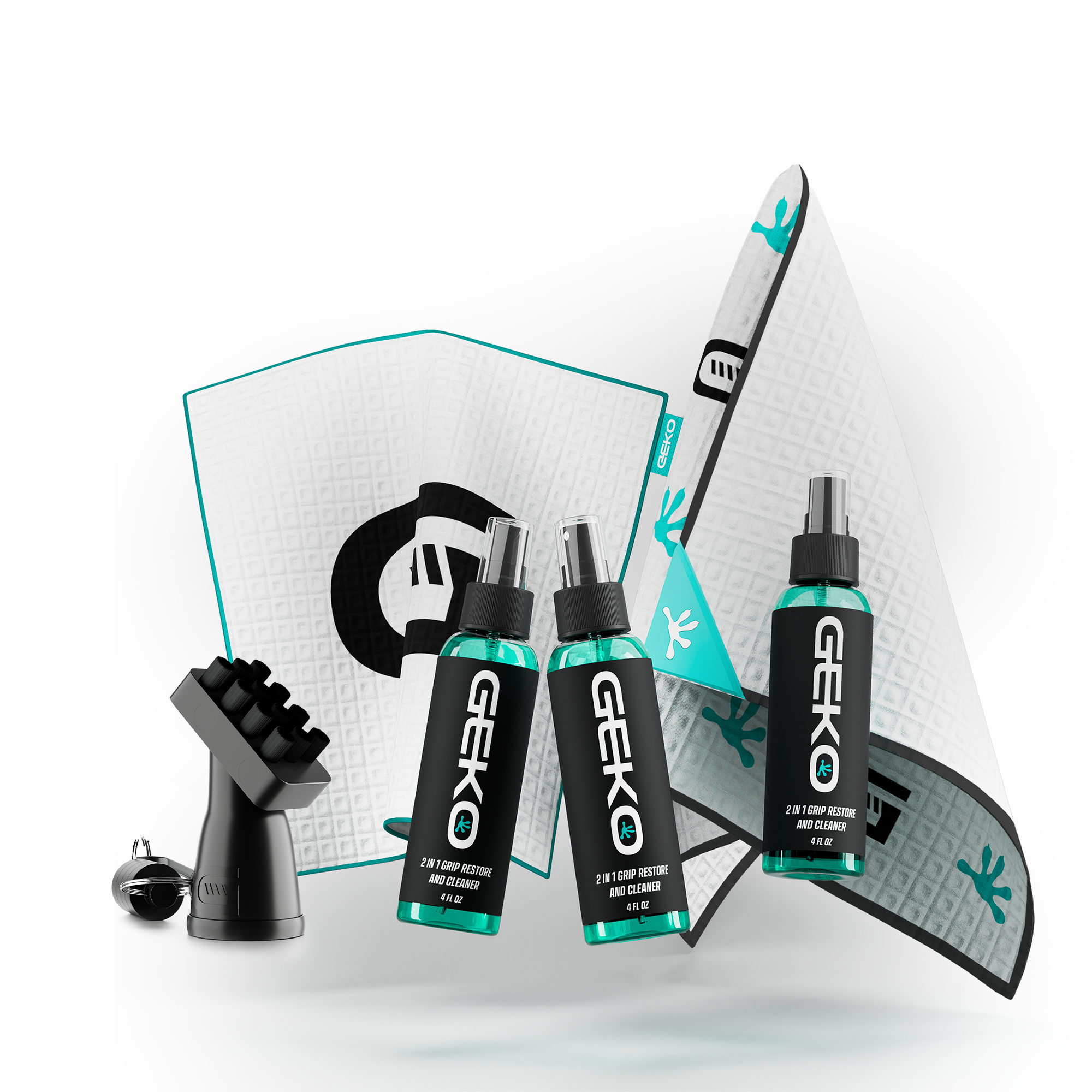 Geko golf cleaning products including bottles and a brush on a white background