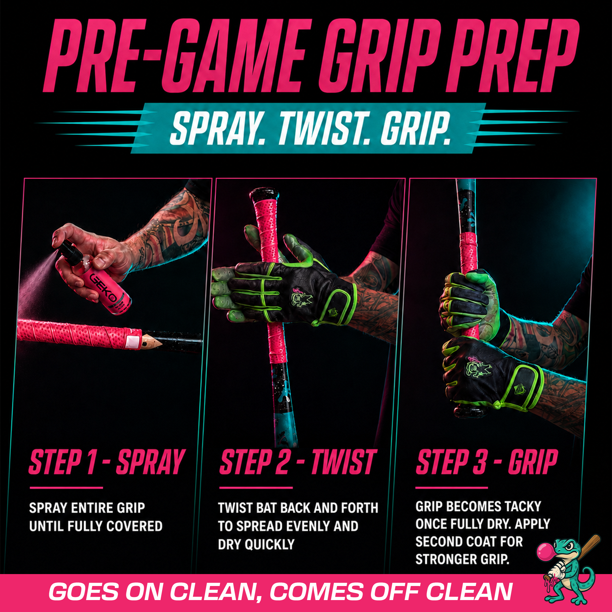 Step-by-step guide for pre-game grip preparation with spray, twist, and grip actions.
