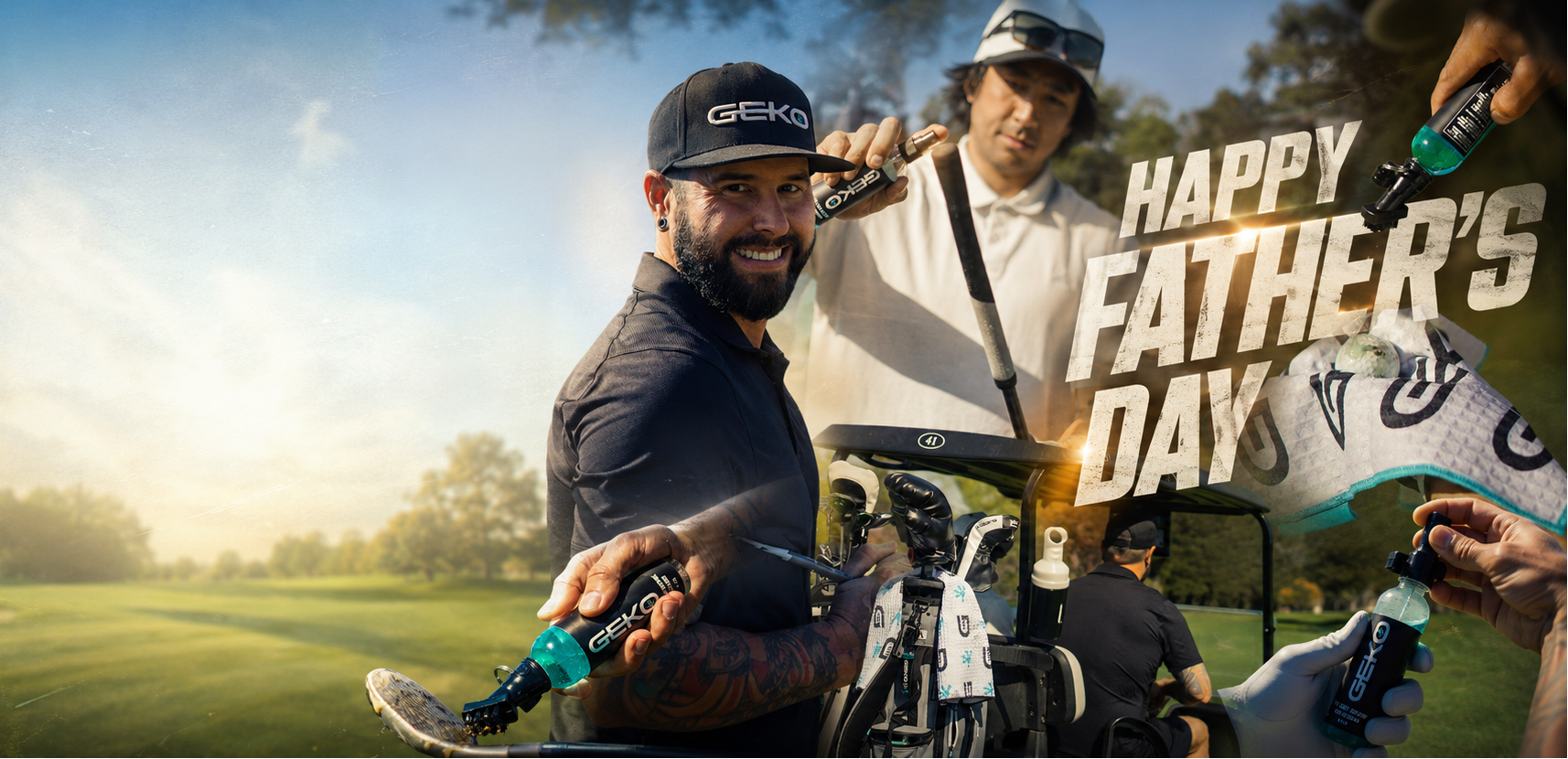 Two men on a golf course with Father's Day message and golf equipment.