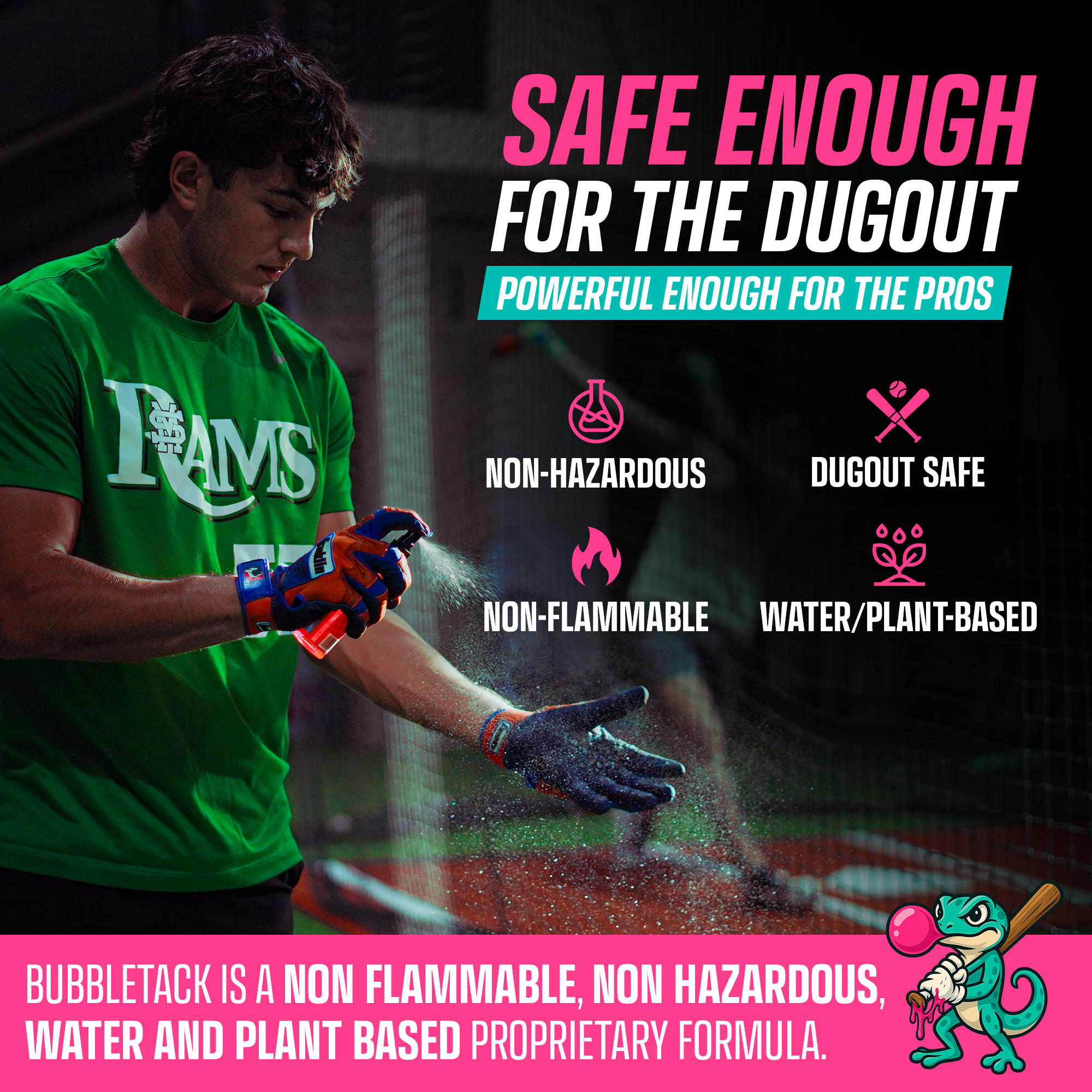 Person applying bubbletackt to a baseball glove with promotional text about its safety and effectiveness.