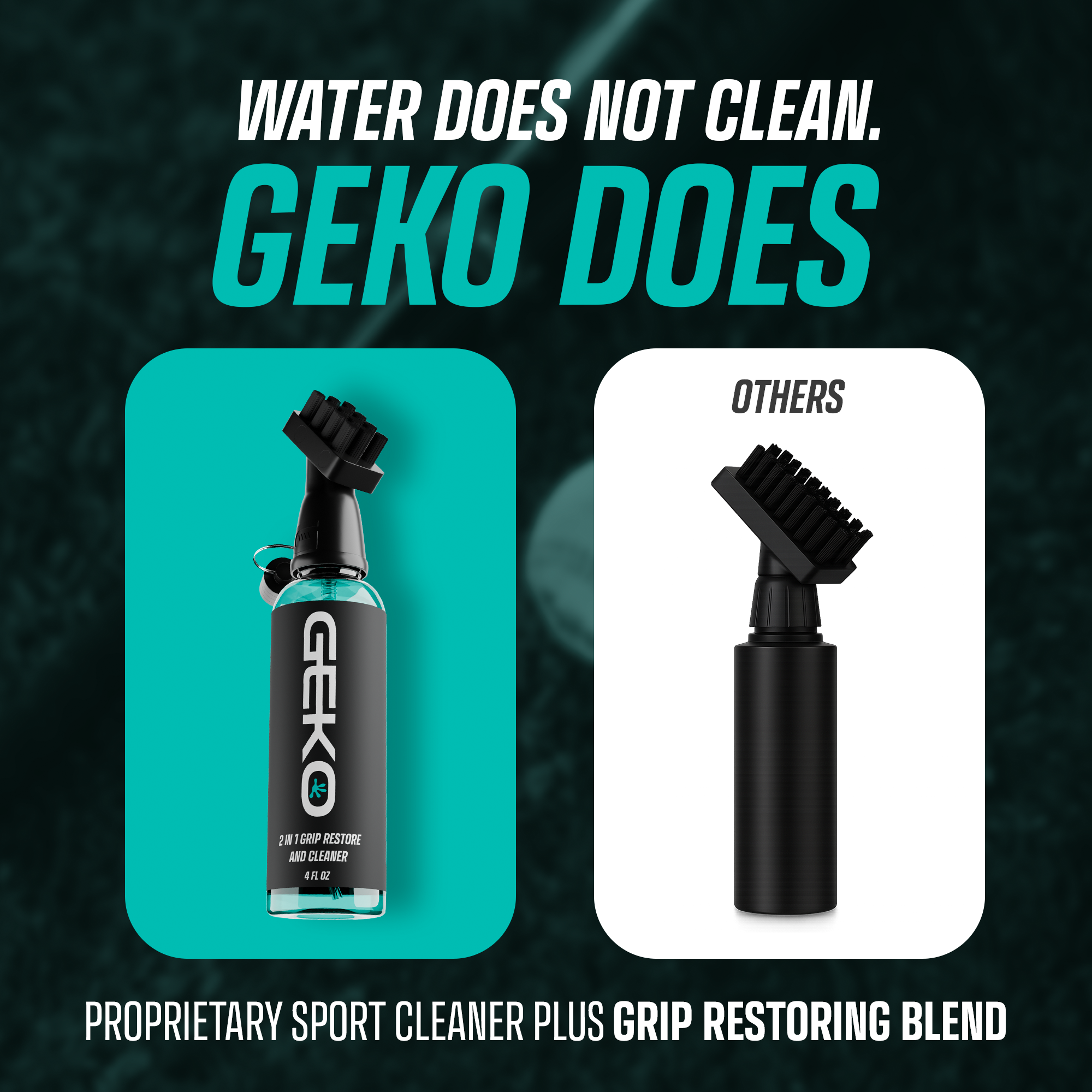 Geko sports cleaner with text 'Water does not clean. Geko does' on a dark background.