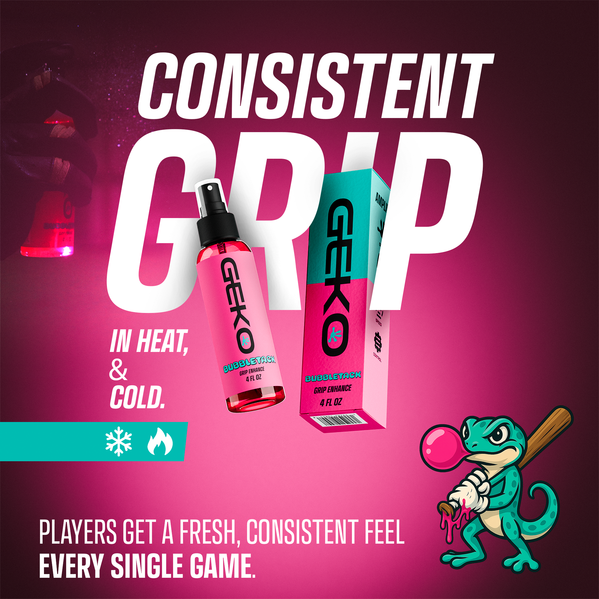 Advertisement for Geko bubbletack product with a pink background, featuring a spray bottle and box.