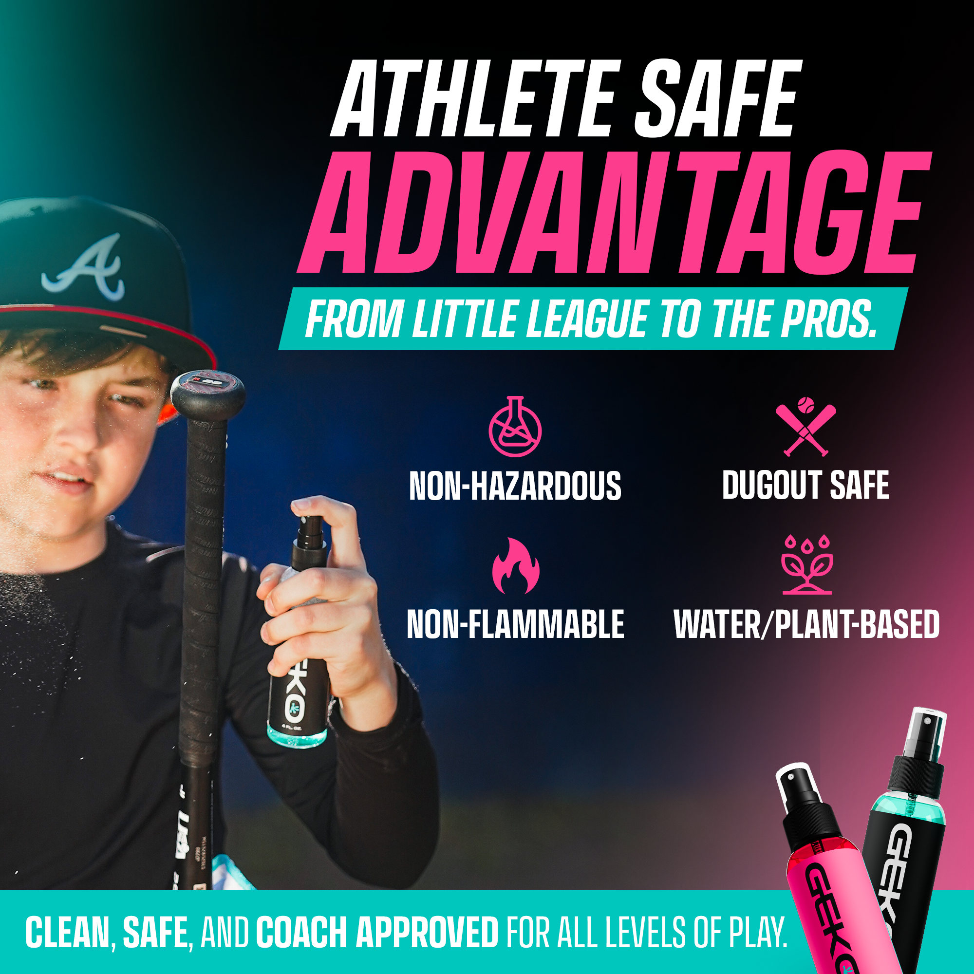 Person holding a spray bottle with 'Geko' branding, surrounded by promotional text about athletic safety.