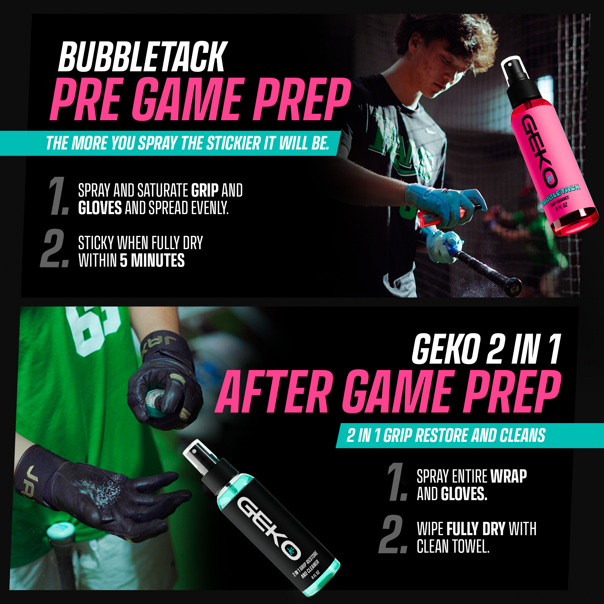 Promotional image of Geko sports products with text on pre-game and after-game preparation.
