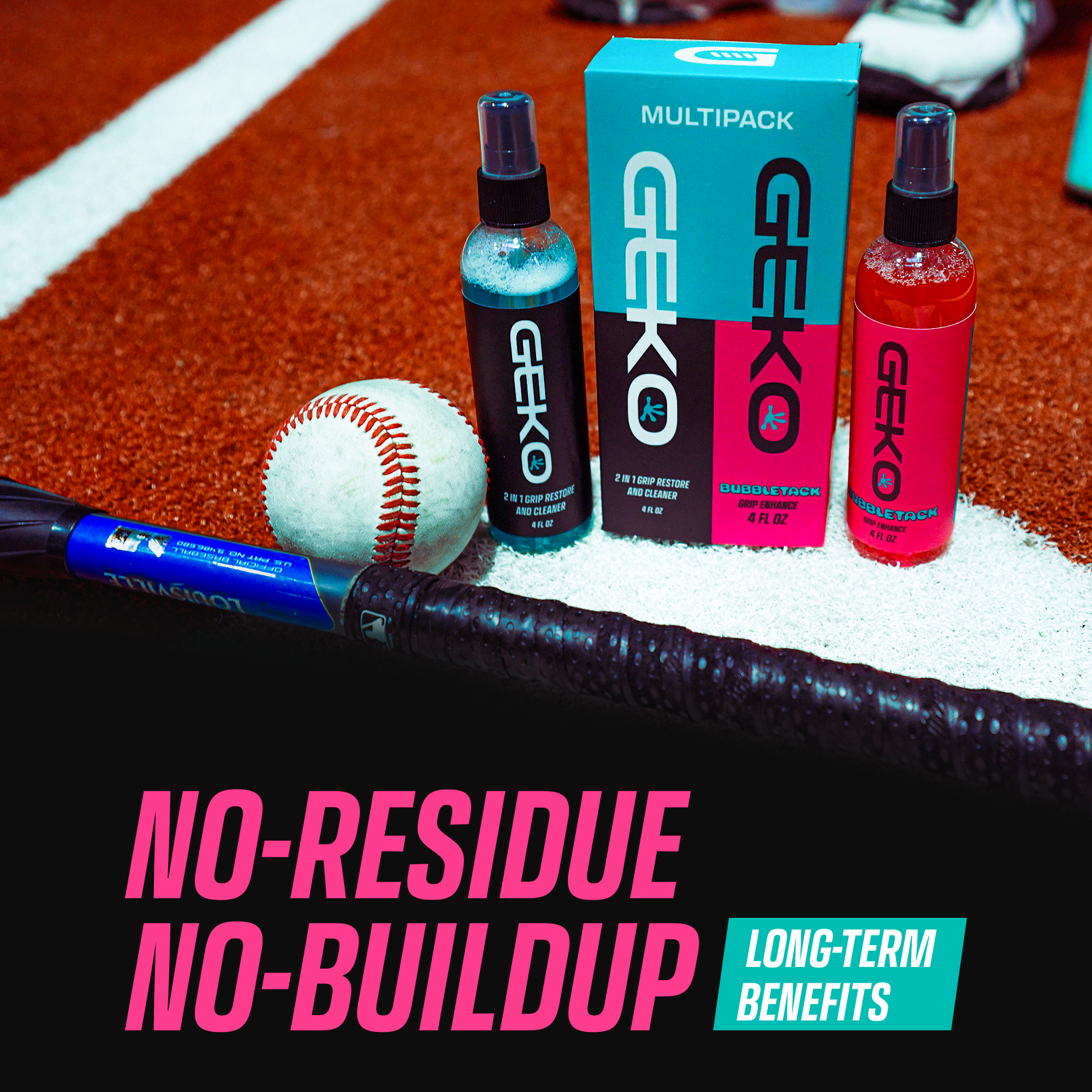 Geko sports care products including bottles, a baseball, and a bat on a sports field background.