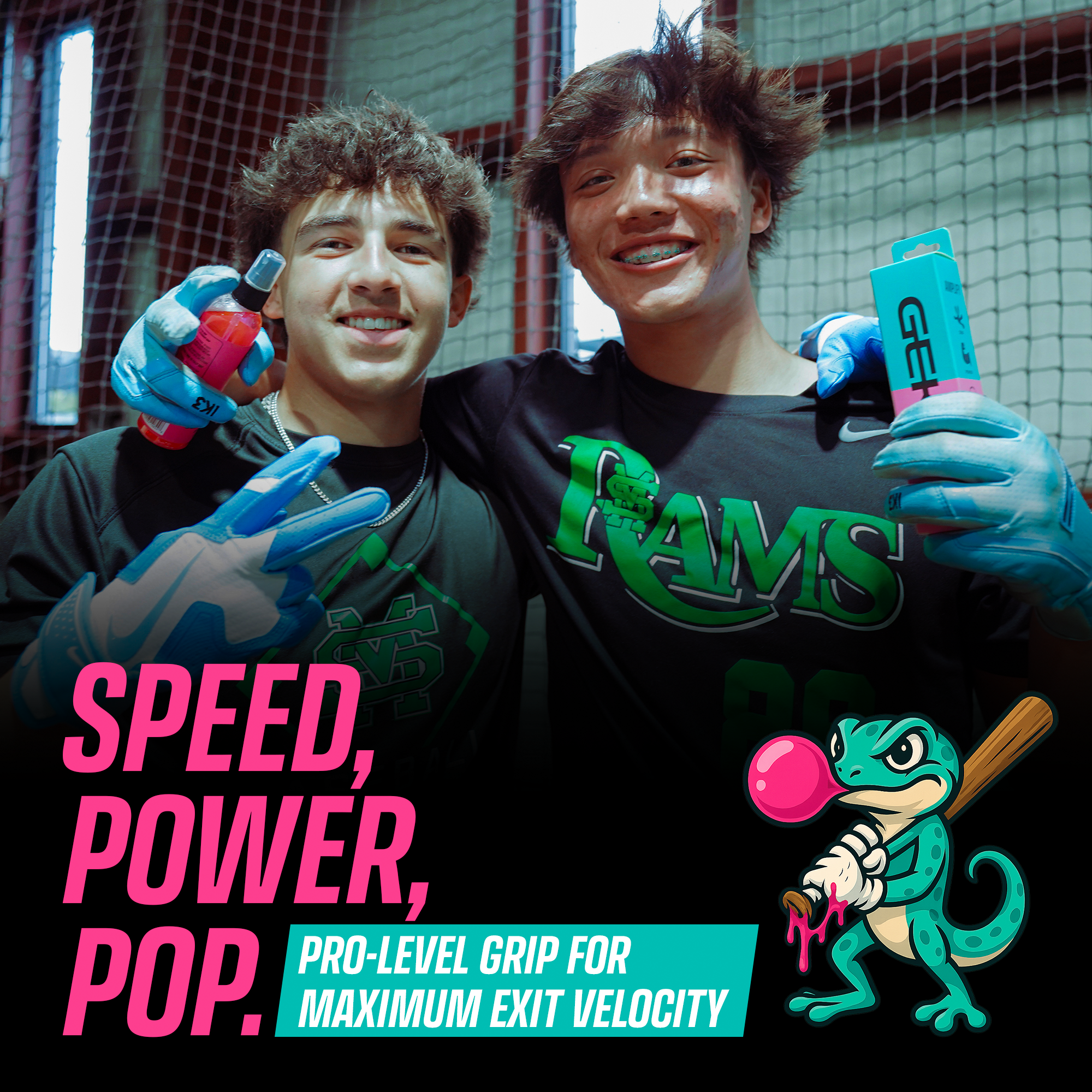 Two people holding bubbletack with promotional text and graphics in the background.