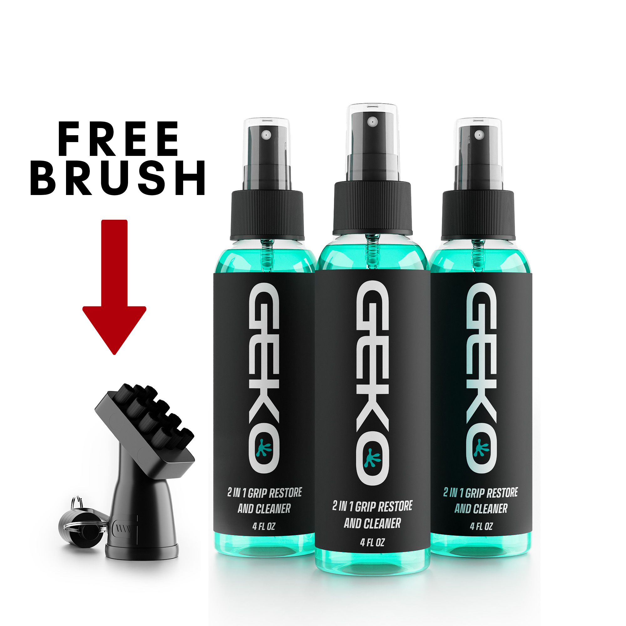 Three GEKO 2-in-1 Grip Restore and Cleaner spray bottles with black labels and turquoise liquid, shown alongside a black free brush attachment and the text 'FREE BRUSH' on a white background.
