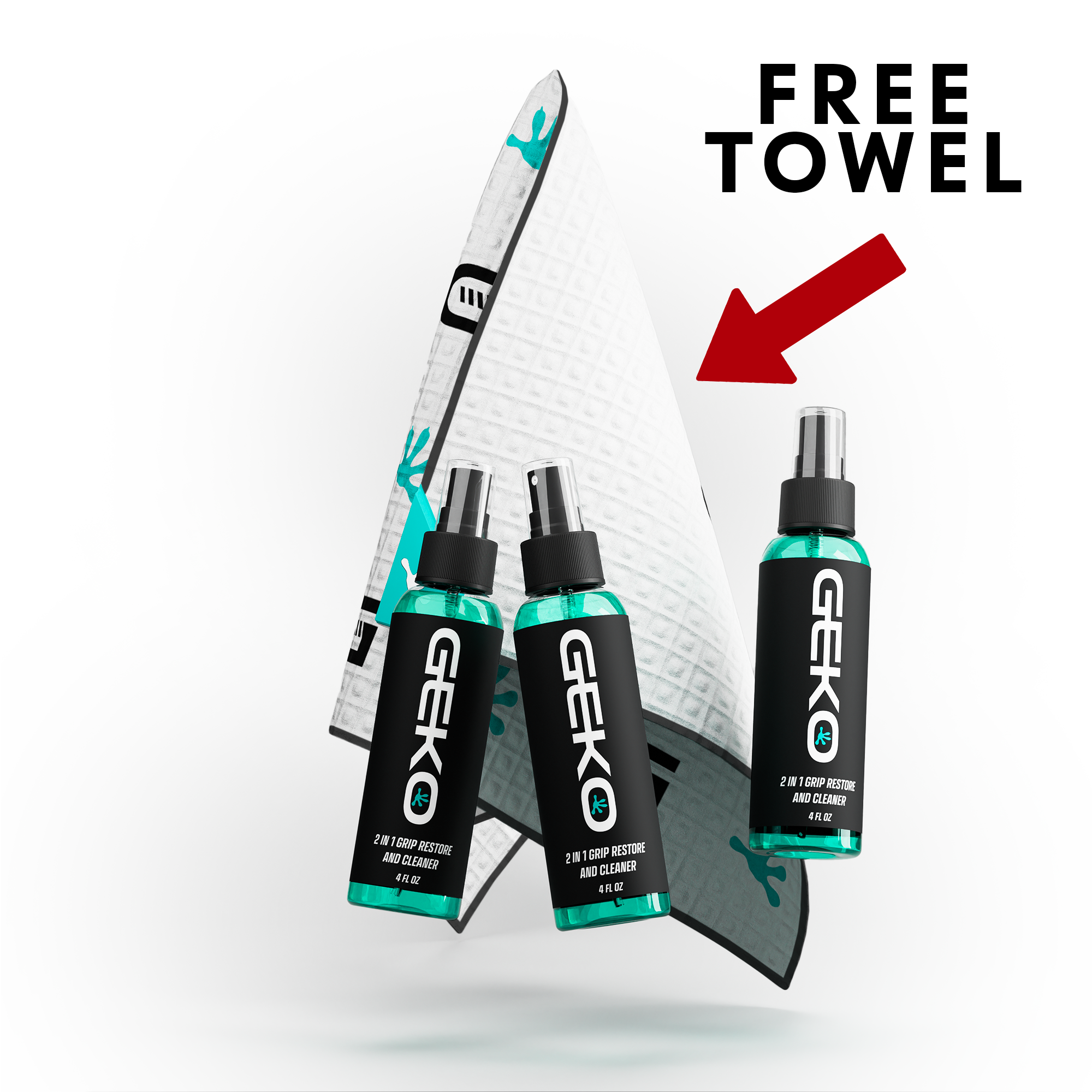 Three bottles of Geko 2-in-1 GRIP RESTORE AND CLEANER spray are displayed in front of a white background, with a red arrow and the text 'FREE TOWEL' indicating a promotional offer. The bottles contain a bright teal-green liquid and feature black labels with white and teal branding