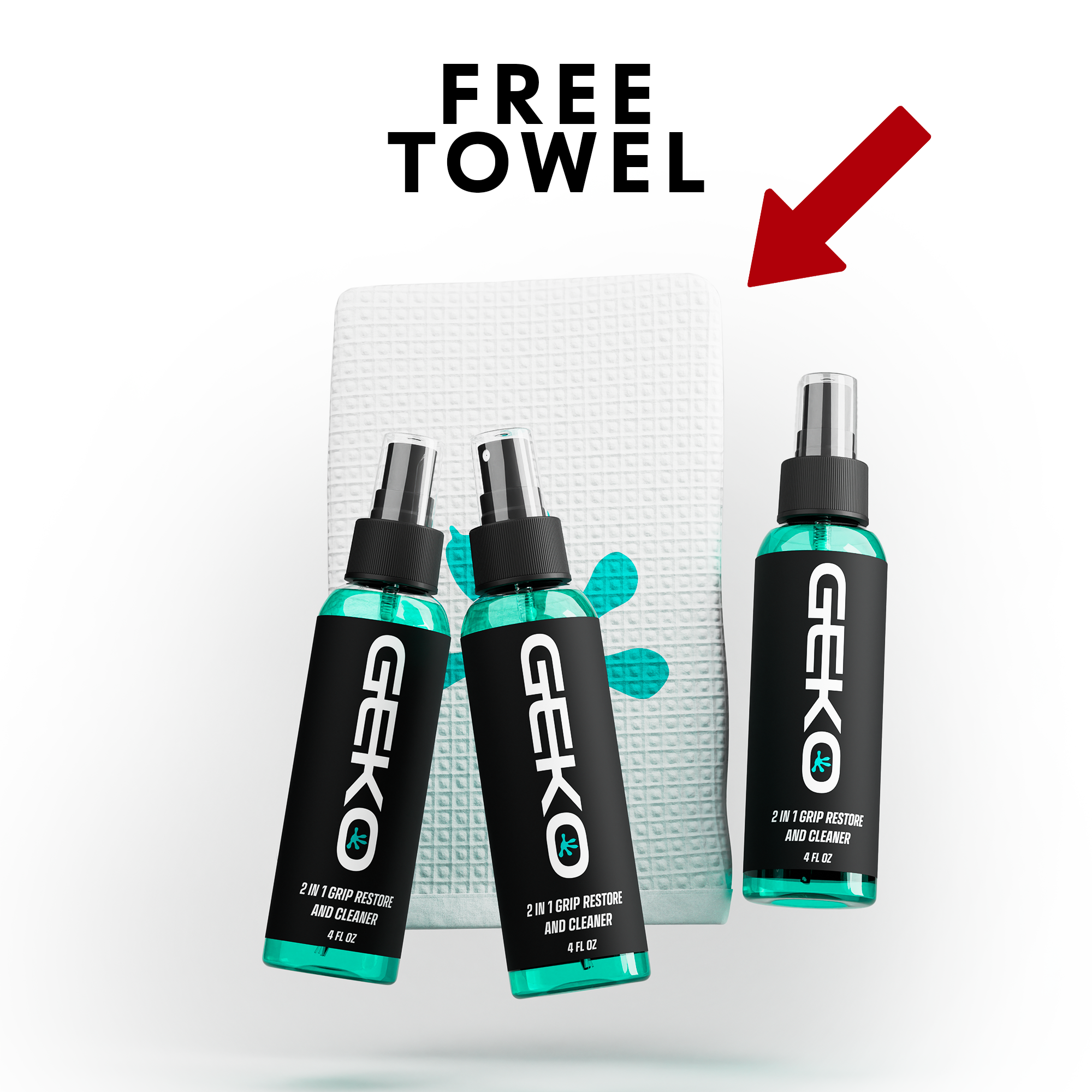 Three GEKO bottles displayed in front of a white textured towel with a teal paw print. A red arrow points to the towel, and the text 'FREE TOWEL' appears at the top on a white background.