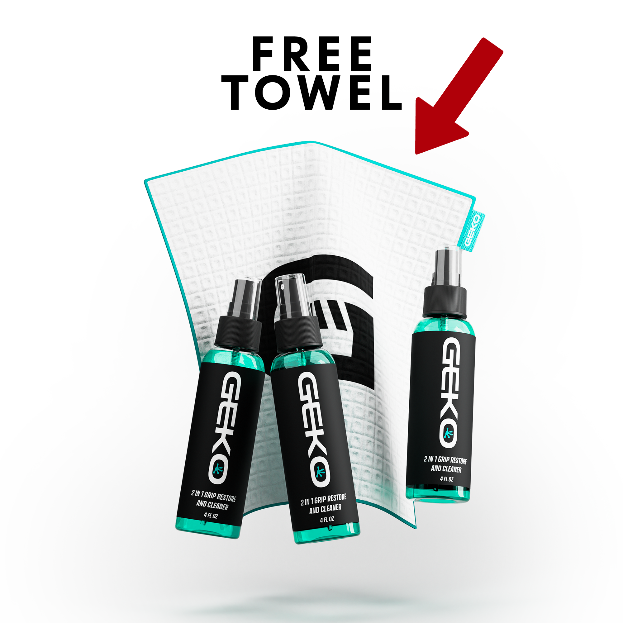 Three bottles of GEKO brand liquid cleaner and conditioner arranged in front of a white textured towel with teal edging, plus a red arrow and the words 'FREE TOWEL' above on a light gray background.